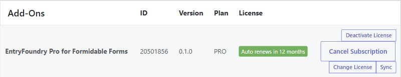 EntryFoundry Pro license row in the EntryFoundry account screen