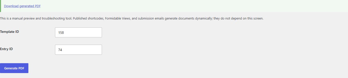 EntryFoundry Generate Test PDF screen with template 158 and entry 74