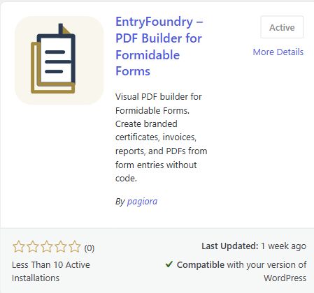 EntryFoundry Lite plugin card in WordPress