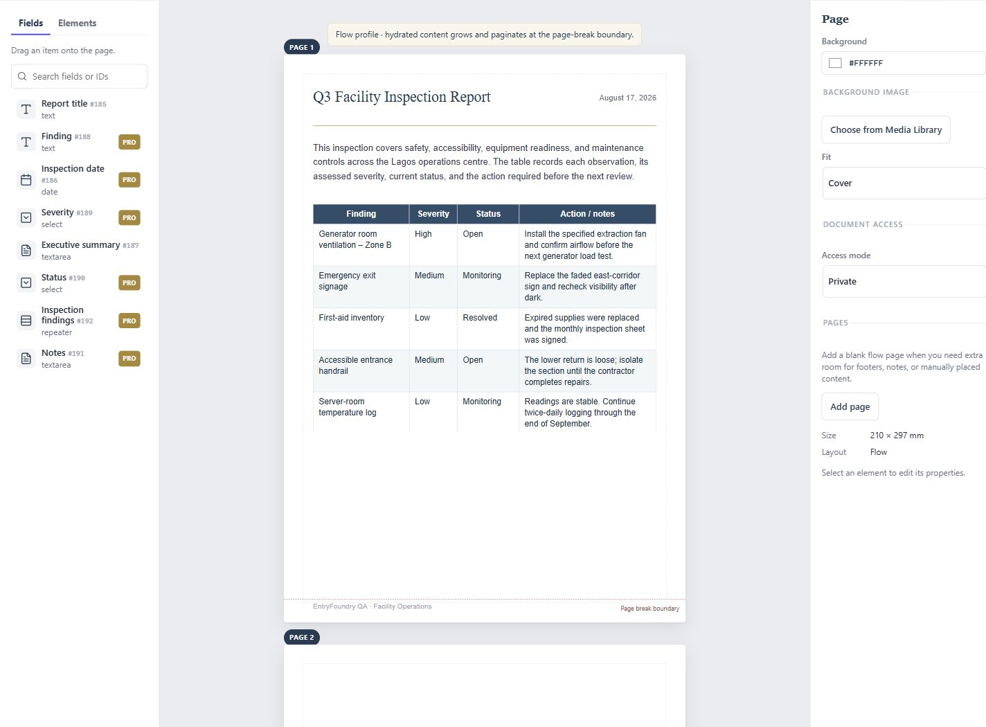 EntryFoundry visual builder showing a multipage inspection report